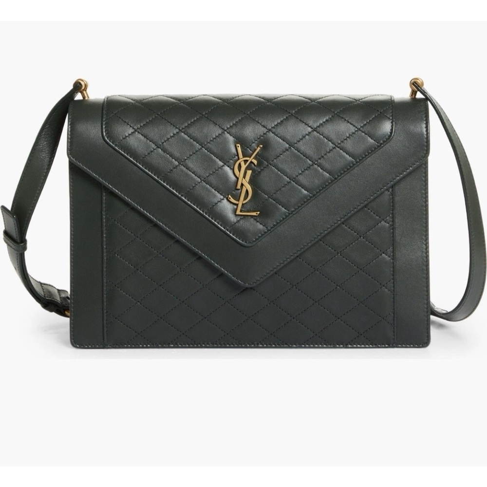 SAINT LAURENT MEDIUM GABY QUILTED LEATHER SHOULDER BAG DARK GREEN GOLD HW NEW!